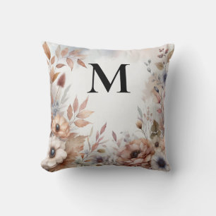 Monogram Fall leaves and flowers watercolor Cushion