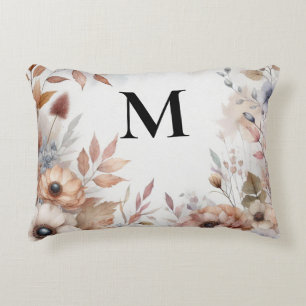 Monogram Fall leaves and flowers watercolor Decorative Cushion
