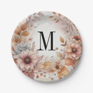 Monogram Fall leaves and flowers watercolor  Paper Plate