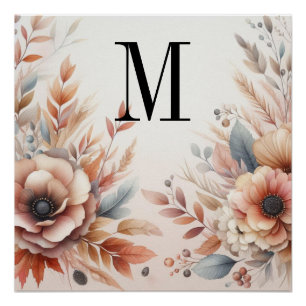 Monogram Fall leaves and flowers watercolor Poster