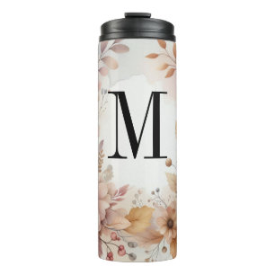 Monogram Fall leaves and flowers watercolor Thermal Tumbler