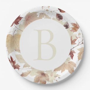 Monogram Fall Leaves Thanksgiving Paper Plate