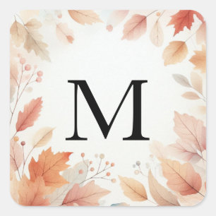 Monogram Fall leaves watercolor pastel colour  Square Sticker