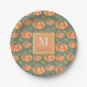 Monogram Fall Pumpkin Pattern Paper Plate