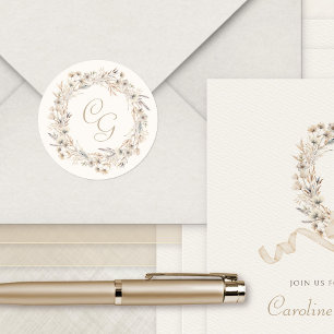 Monogram Fall Wildflowers Elegant Wedding Classic Round Sticker