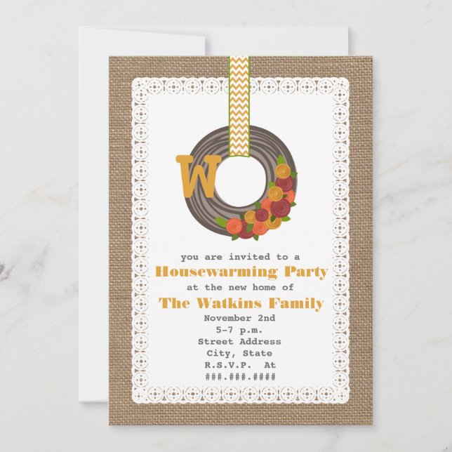 Monogram Fall Wreath Burlap Inspired Housewarming Invitation (Front)