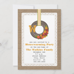 Monogram Fall Wreath Burlap Inspired Housewarming Invitation
