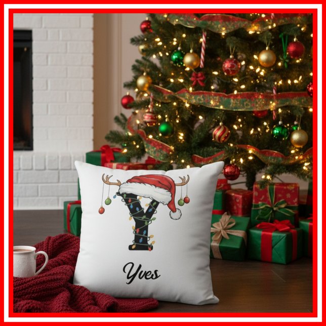 Monogram Family Christmas Antlers Santa Hat  Cushion (Creator Uploaded)