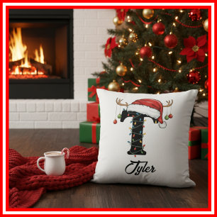 Monogram Family Christmas Antlers Santa Hat Cushion