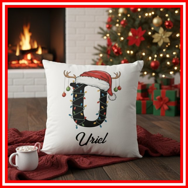 Monogram Family Christmas Antlers Santa Hat  Cushion (Creator Uploaded)