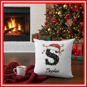 Monogram Family Christmas Antlers Santa Hat Cushion