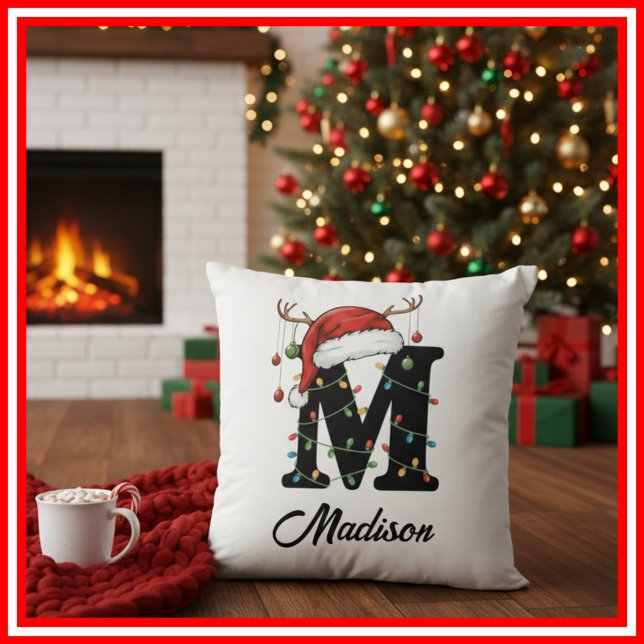 Monogram Family Christmas Antlers Santa Hat  Cushion (Creator Uploaded)