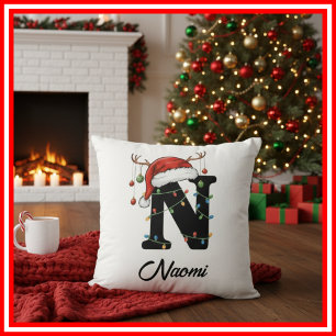 Monogram Family Christmas Antlers Santa Hat  Cushion