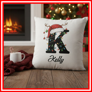 Monogram Family Christmas Antlers Santa Hat  Cushion
