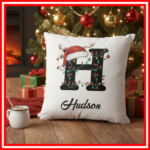 Monogram Family Christmas Antlers Santa Hat Cushion