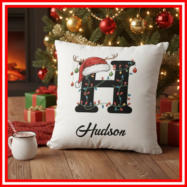 Monogram Family Christmas Antlers Santa Hat  Cushion (Creator Uploaded)