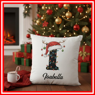 Monogram Family Christmas Antlers Santa Hat Cushion