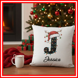Monogram Family Christmas Antlers Santa Hat Cushion
