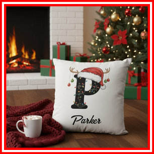 Monogram Family Christmas Antlers Santa Hat Cushion
