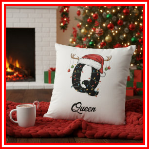 Monogram Family Christmas Antlers Santa Hat Cushion
