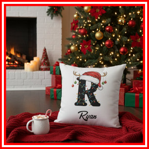 Monogram Family Christmas Antlers Santa Hat  Cushion