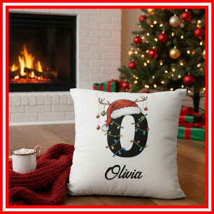 Monogram Family Christmas Antlers Santa Hat Cushion