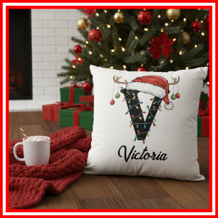 Monogram Family Christmas Antlers Santa Hat Cushion