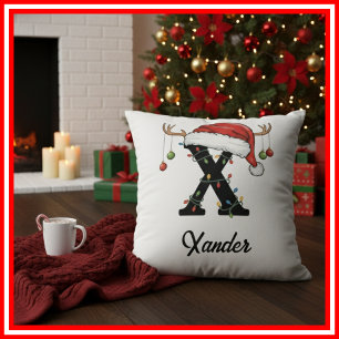 Monogram Family Christmas Antlers Santa Hat Cushion