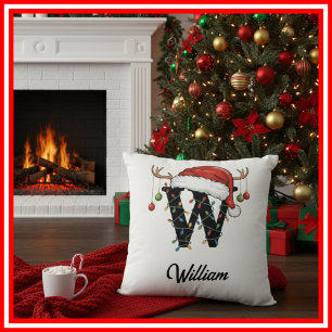 Monogram Family Christmas Antlers Santa Hat Cushion