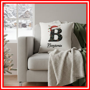 Monogram Family Christmas Antlers Santa Hat Cushion