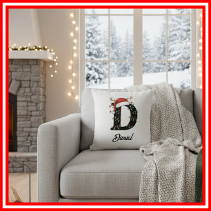 Monogram Family Christmas Antlers Santa Hat  Cushion