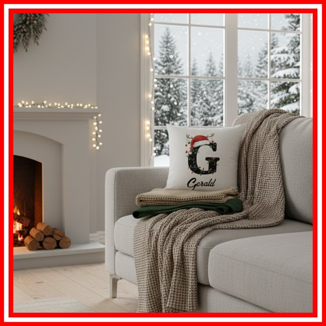 Monogram Family Christmas Antlers Santa Hat  Cushion (Creator Uploaded)