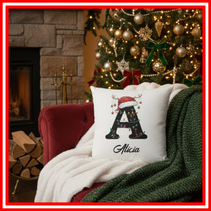 Monogram Family Christmas Antlers Santa Hat Cushion