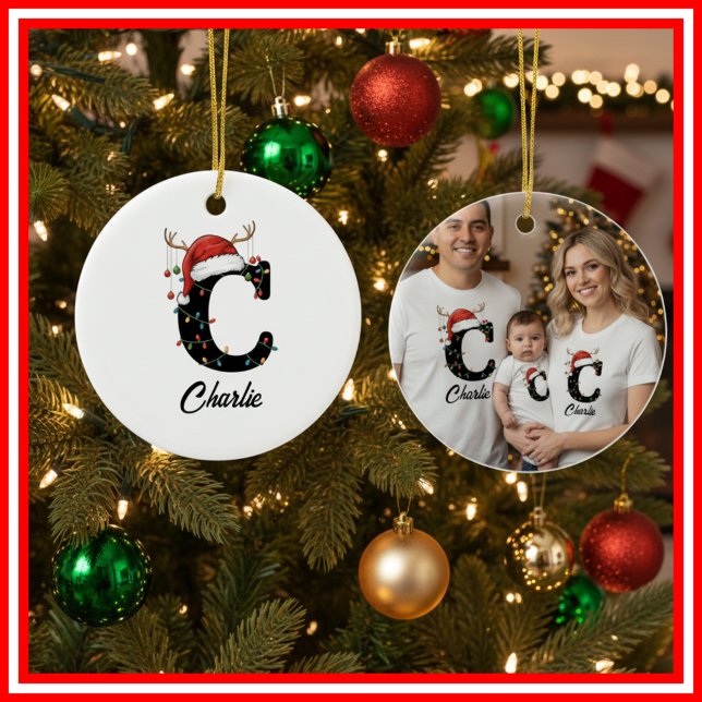 Monogram Family Christmas Antlers Santa Hat PHOTO Ceramic Ornament (Creator Uploaded)