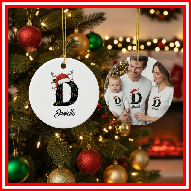 Monogram Family Christmas Antlers Santa Hat PHOTO Ceramic Ornament (Creator Uploaded)