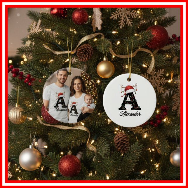 Monogram Family Christmas Antlers Santa Hat PHOTO Ceramic Ornament (Creator Uploaded)