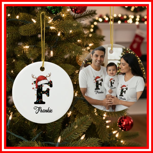 Monogram Family Christmas Antlers Santa Hat PHOTO Ceramic Ornament (Creator Uploaded)