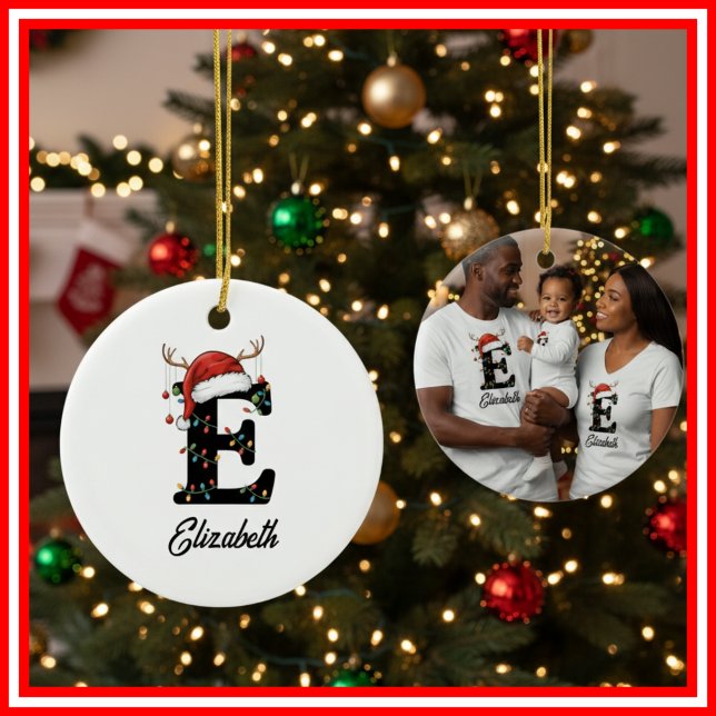Monogram Family Christmas Antlers Santa Hat PHOTO Ceramic Ornament (Creator Uploaded)