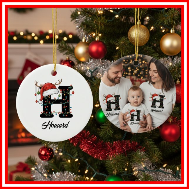 Monogram Family Christmas Antlers Santa Hat PHOTO Ceramic Ornament (Creator Uploaded)