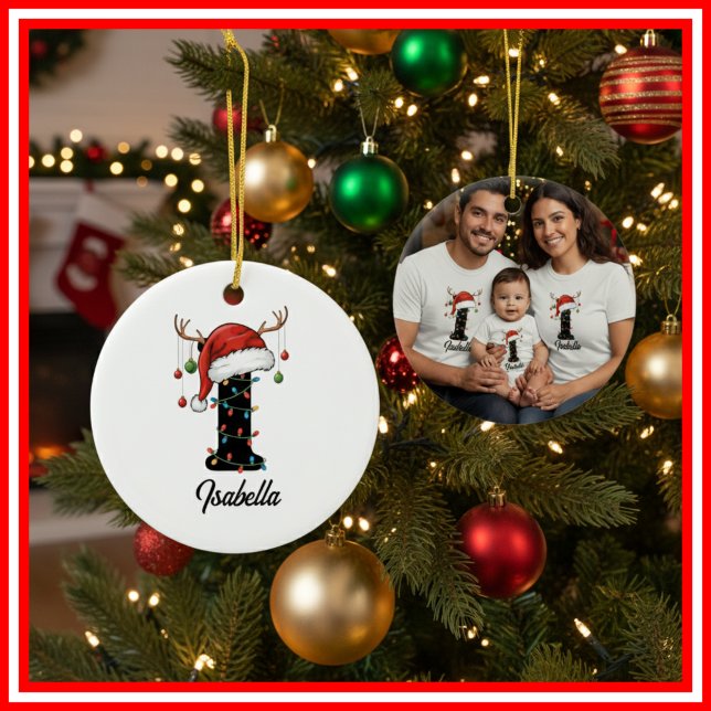 Monogram Family Christmas Antlers Santa Hat PHOTO Ceramic Ornament (Creator Uploaded)