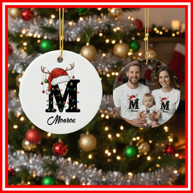 Monogram Family Christmas Antlers Santa Hat PHOTO Ceramic Ornament (Creator Uploaded)