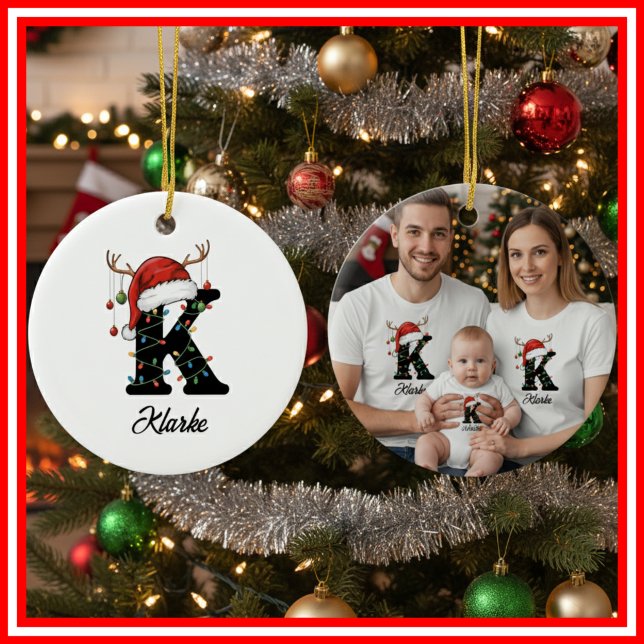 Monogram Family Christmas Antlers Santa Hat PHOTO Ceramic Ornament (Creator Uploaded)