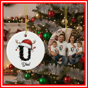 Monogram Family Christmas Antlers Santa Hat PHOTO Ceramic Ornament