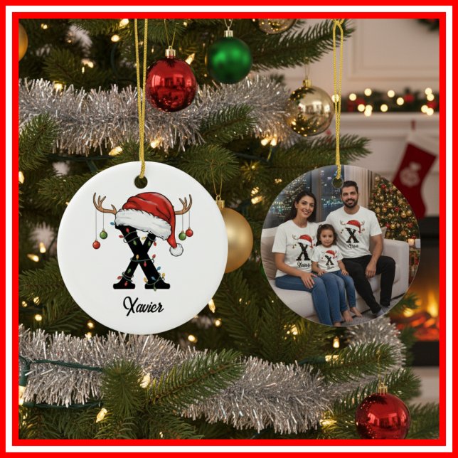 Monogram Family Christmas Antlers Santa Hat PHOTO Ceramic Ornament (Creator Uploaded)