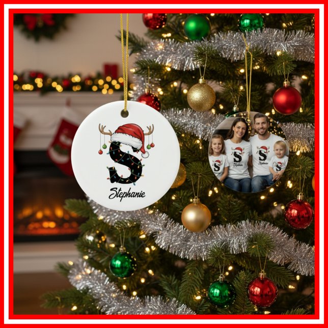 Monogram Family Christmas Antlers Santa Hat PHOTO Ceramic Ornament (Creator Uploaded)