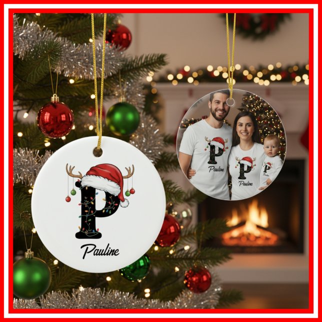 Monogram Family Christmas Antlers Santa Hat PHOTO Ceramic Ornament (Creator Uploaded)