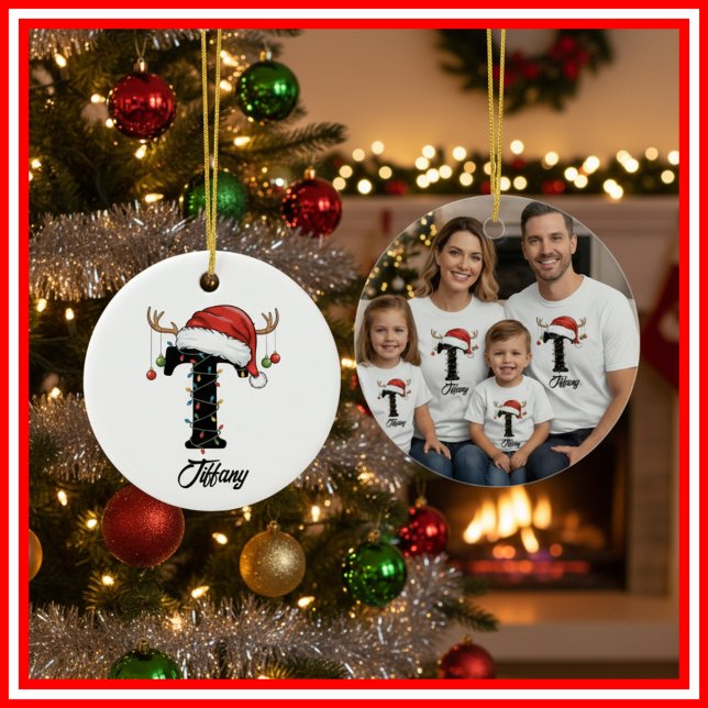 Monogram Family Christmas Antlers Santa Hat PHOTO Ceramic Ornament (Creator Uploaded)