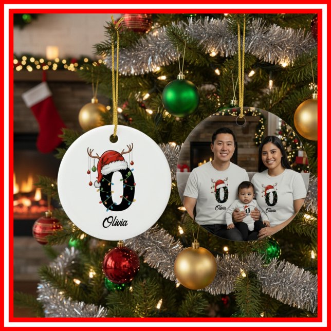 Monogram Family Christmas Antlers Santa Hat PHOTO Ceramic Ornament (Creator Uploaded)