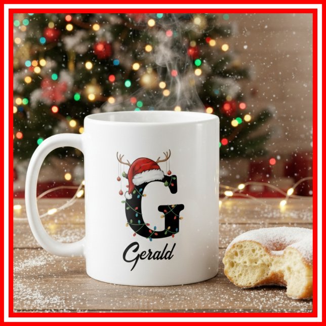 Monogram Family Christmas Antlers Santa Hat PHOTO Coffee Mug (Creator Uploaded)