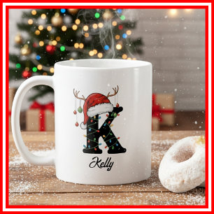Monogram Family Christmas Antlers Santa Hat PHOTO Coffee Mug